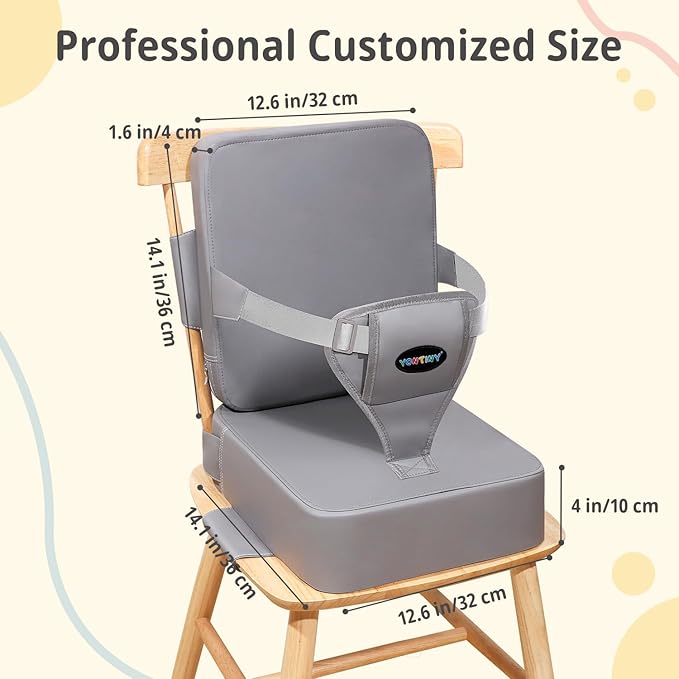 Toddler Booster Seat for Kitchen Chair with Removable Backrest & Adjustable Straps, PU Portable Waterproof & Non-Slip Booster Seat for Dining Table, Travel Child Eating Cushion-Light Grey