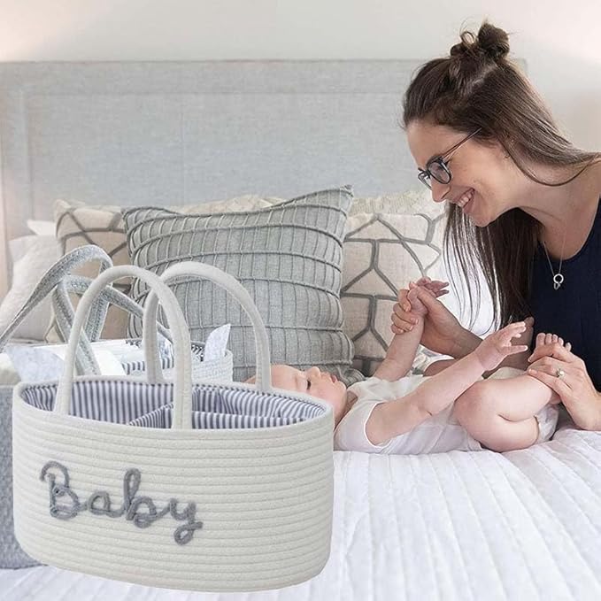 Diaper Caddy Organizer for Changing Table, Cotton Rope Baby Storage Basket for Diaper Wipes, Car Caddy Organizer, Nursery Diaper Organizer With Divider, Portable Diaper Storage -White