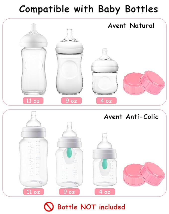 Travel and Storage Bottle Caps Compatible with Avent Baby Bottles, Bottle Lids Replacement, 8 Count, Pink