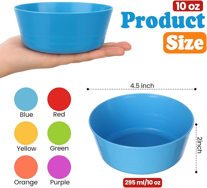 Foaincore Kids Plastic Bowls 10 oz Cereal Snack Microwave Dishwasher Safe Toddler Bowls Kids Colorful Snack Children Salad Dessert Soup Supplies(72 Pcs)