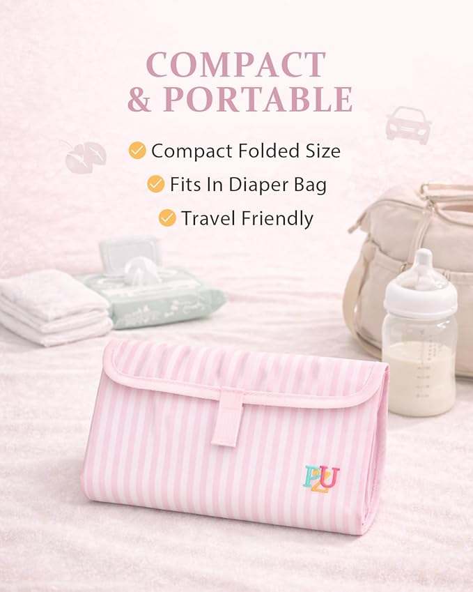 PZU Portable Diaper Changing Pad - Waterproof Travel Changing Mat with Built-in Pillow, Gifts for Baby Shower, Newborn Girls & Boys（Pink Stripes）
