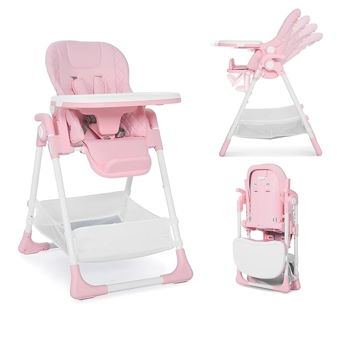 TODEFULL 3 in 1 Foldable Baby High Chair, Infant High Chairs for Babies and Toddlers, 6 Height & 4 Recline Adjustable Toddler Feeding Chair, 2 Built-in Wheels, Large Storage Space, Pink