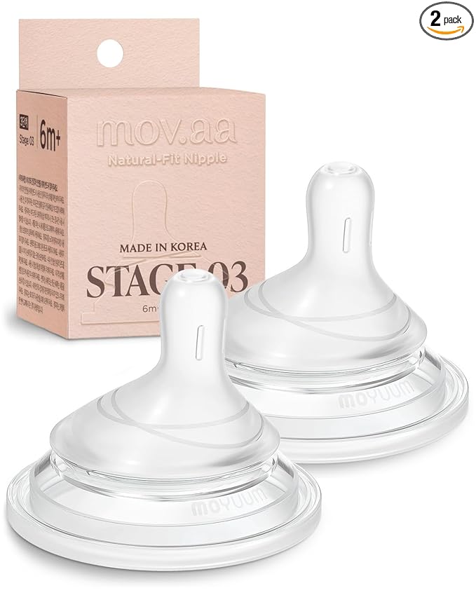 Moyuum Natural Fit Silicone Nipple for MOV.aa Bottles, Made in Korea - Perfect for Newborn, Anti-Colic Feed, Easy to Latch for Infant, from Breast to Bottle | Stage 3, Fast Flow, 6m+ (2 Pack)