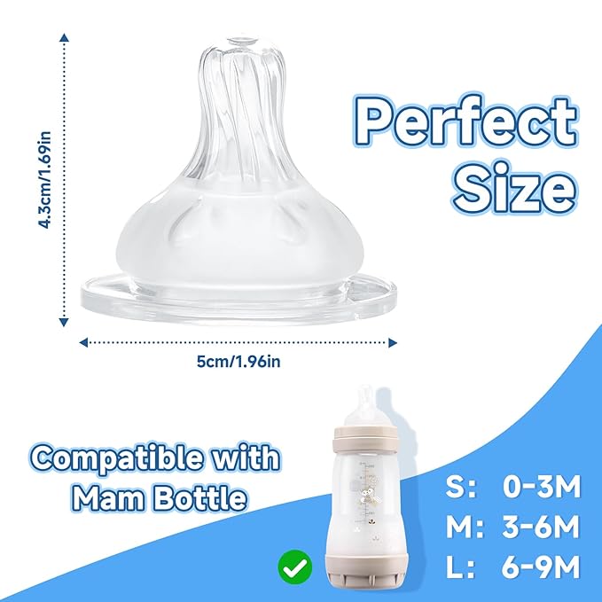 4 Pack Bottle Nipples Compatible with Mam Bottle, Soft Silicone Nipples for Bottle, Fit for MAM Bottles, Slow Flow, 0+ Months