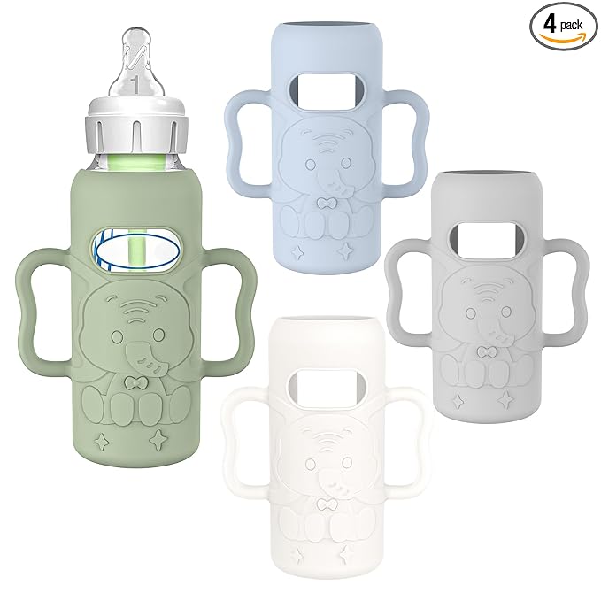 KingKam 4 Pack Silicone Sleeves for Dr. Brown's Glass Baby Bottles, Drop Protection Bottle Sleeves with Handles, Compatible with Dr. Brown's Anti-Colic Options+ Narrow Glass Baby Bottles, 8 oz/250 mL