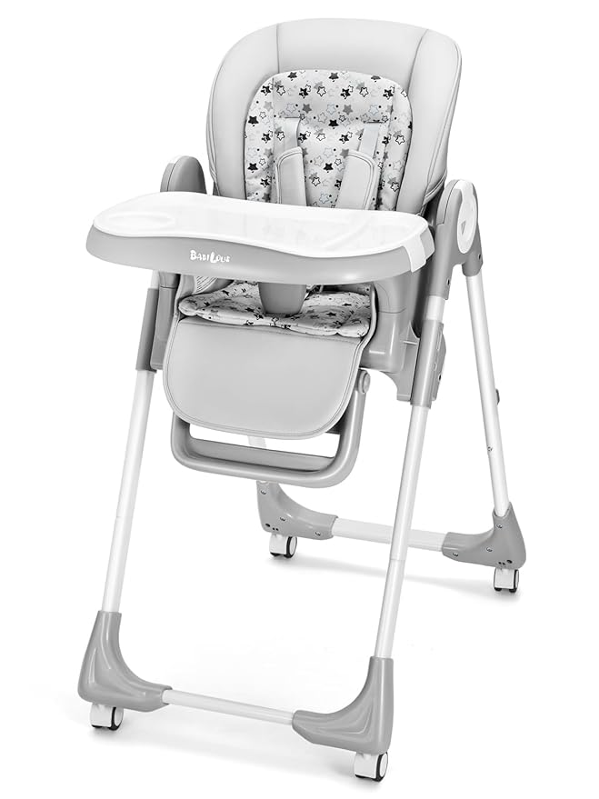 Babilous Foldable High Chair with Soft Cushion, High Chairs for Babies and Toddlers, Height Adjustable Feeding Chair, Adjustable Backrest and Footrest, Lockable Wheels, Star Gray