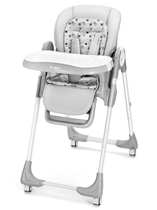 Babilous Foldable High Chair with Soft Cushion, High Chairs for Babies and Toddlers, Height Adjustable Feeding Chair, Adjustable Backrest and Footrest, Lockable Wheels, Star Gray