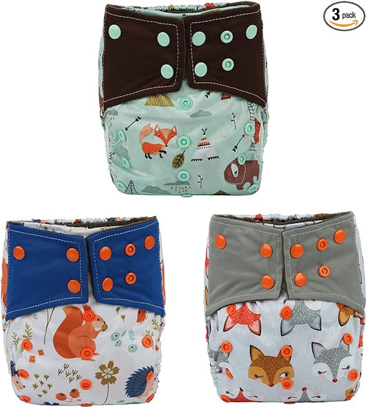 3 AIll in One Cloth Diapers Nappies for Night AIO Sewn in Insert Reusable Washable (Fox Squirrel)