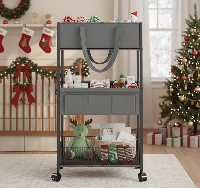 Diaper Caddy Organizer and Storage, 3-Tier Baby Storage Organizers with 2+2 Dividers, Large Capacity Diaper Rolling Cart for Nursery, Diaper Caddy Cart for Crib, Bedroom, Bathroom