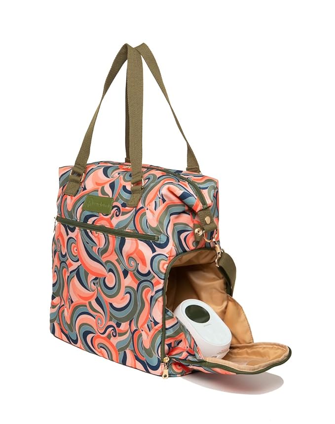 Sarah Wells Lizzy Breast Pump Bag – Stylish Pump Tote with Insulated Cooler Pocket, Laptop Sleeve – Fits Portable Pumps & More – Easy-Clean, Lightweight Breastfeeding Bag (Groovy)