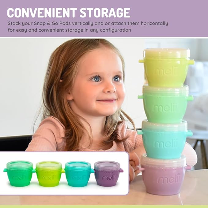 melii Snap & Go Baby Food Storage Containers | 4 Pack 6 oz, Stackable Snack Containers with Airtight Lids, BPA-Free, Reusable Food Containers for Toddlers, Meals & On-the-Go