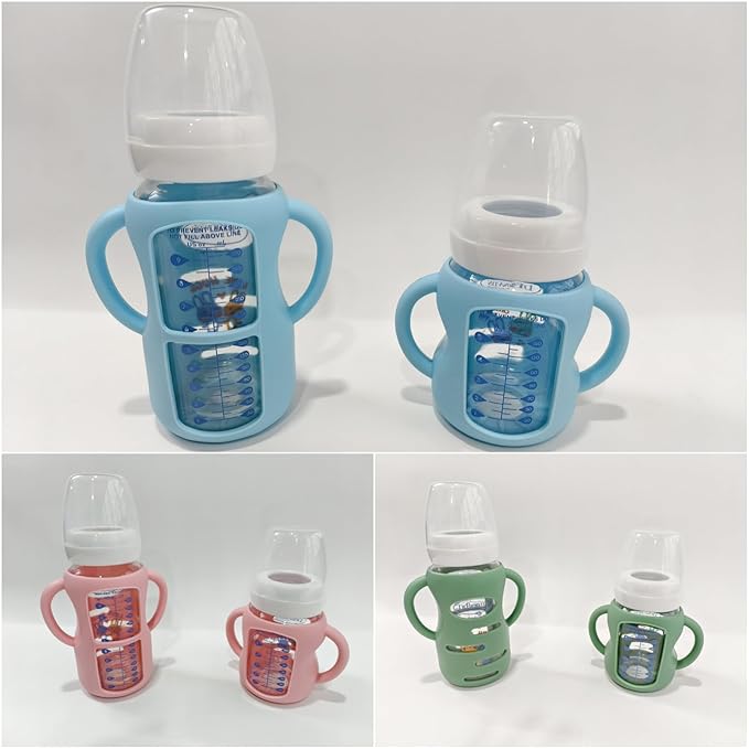 3 Pack Silicone Sleeves Compatible with Dr Brown Wide-Neck Glass Baby Bottles 9 OZ, 100% Silicone for Dr Brown Handles Glass Bottles 1-3, Anti Breakage (Blue, 9 OZ)