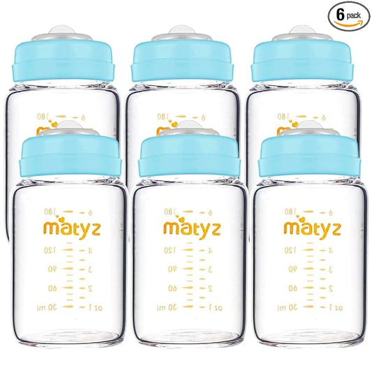 Matyz Glass Breastmilk Storage Bottles, 6 Pack, 6 oz, Compatible with Spectra Medela Breast Pump - Freezer Safe Storage Bottles Set - Wide Mouth Breastmilk Storage Containers - No BPA (Blue Lids)