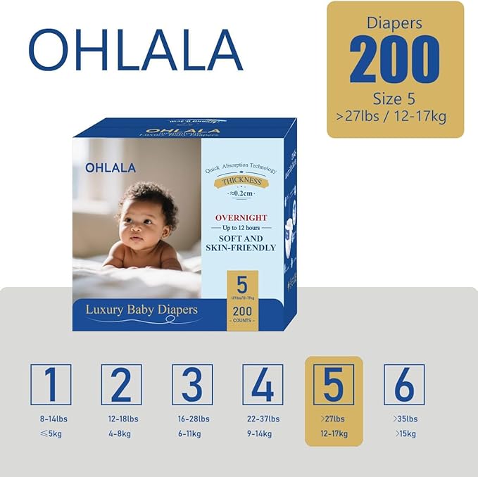 OHLALA Luxury Diapers Size 5 200 Count 27+ lbs Skin-Friendly & Leakproof Hypoallergenic Fragrance-Free Lightweight 4 Pack