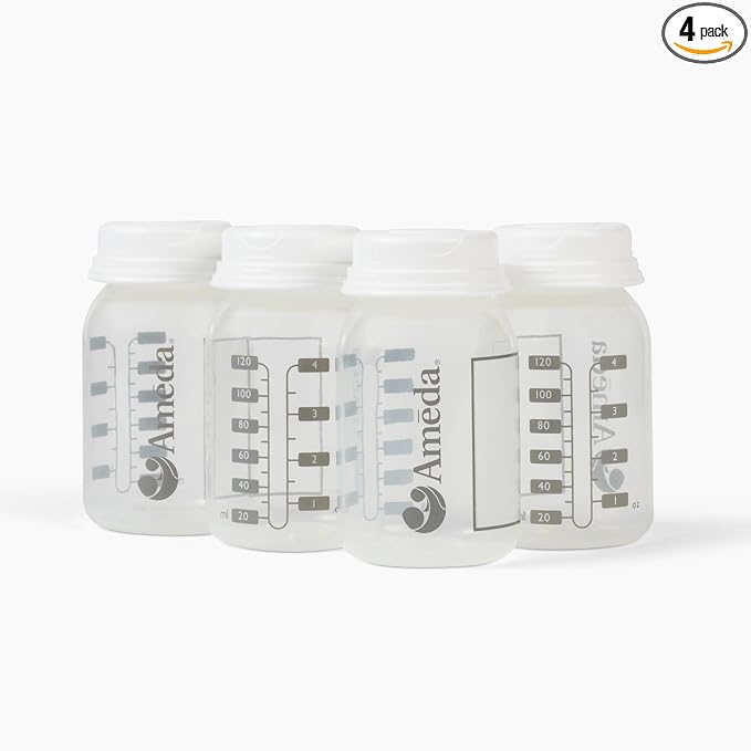 Ameda Breast Milk Storage Bottles Includes: (4) 4oz. Bottles with (4) 2-Piece Lock-Tight Caps, for Breast Milk Storage, Fits with Ameda Brand Pumps, Finesse & Most Standard Breast Pump Kits