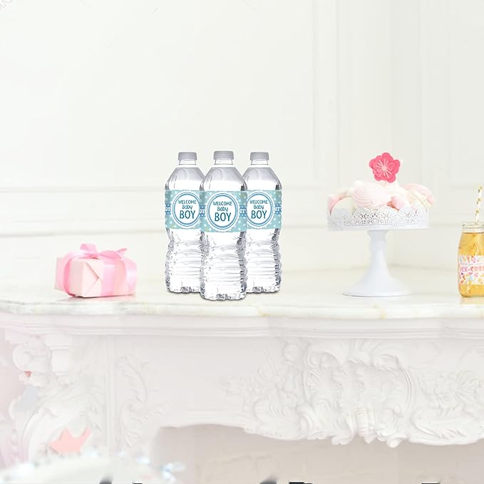 Welcome Baby Boy Water Bottle Stickers/Gender Reveal Bottle Wrappers/It's a Boy Water Labels Supplies/Baby Shower Decorations Blue (Set of 32)