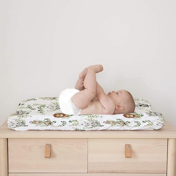 Baby Safari Animals Boho Green Leaves Changing Pad Covers Lion Elephant Giraffe Zebra Hippo Diaper Change Table Pad Covers for Girl Boy Soft Breathable Stretch Changing Mat Sheets 32''x16''