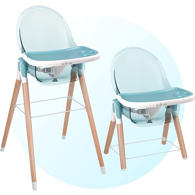 6 in 1 Deluxe Wooden High Chair for Babies & Toddlers, Modern Safe & Compact Baby Highchair, Easy to Clean & Assemble, Removable Tray, 6 Options 3 Seat Positions 2 Heights (Blue)