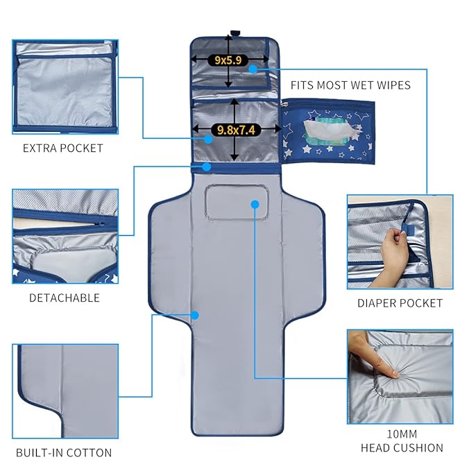 Changing Pad Portable,Diaper Changing Pad,Long Travel Portable Diaper Changing Pad for Baby with Wipes Pocket and Cushioned Pad,Lightweight and Waterproof Changing Pad,Best Gifts for Mom-to-be