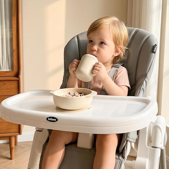 INFANS High Chair for Babies & Toddlers, Foldable Highchair with Multiple Adjustable Backrest Footrest Seat Height, Removable Tray, Detachable PU Leather Cushion, Built-in Rear Wheels (Light Grey)
