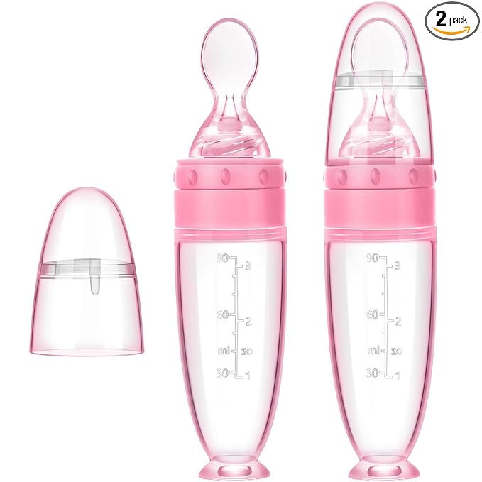 2 Pieces Silicone Baby Spoons Baby Feeding Spoon with Standing Base for Infant 0-24 Months Dispensing and Feeding (Pink)