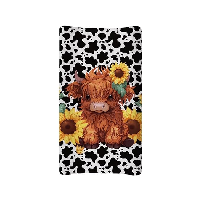 Highland Cow Changing Pad Waterproof Cover Cartoon Cozy Baby Nursery Diaper Changing Pad Sheets Boys & Girls Stretchy Diaper Pad Covers for Changing Table 16x32 Inch