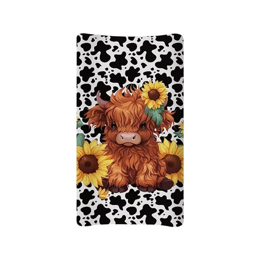 Highland Cow Changing Pad Waterproof Cover Cartoon Cozy Baby Nursery Diaper Changing Pad Sheets Boys & Girls Stretchy Diaper Pad Covers for Changing Table 16x32 Inch