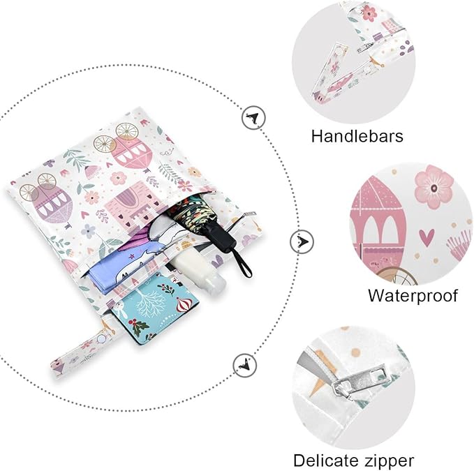 2 Pack Princess Castle Pink Cloth Diaper Wet Dry Bags,Waterproof Reusable Wet Bag with Two Zipper Pockets& Handle,Washable for Swimming,Travel,Beach,Pool or Wet Clothes