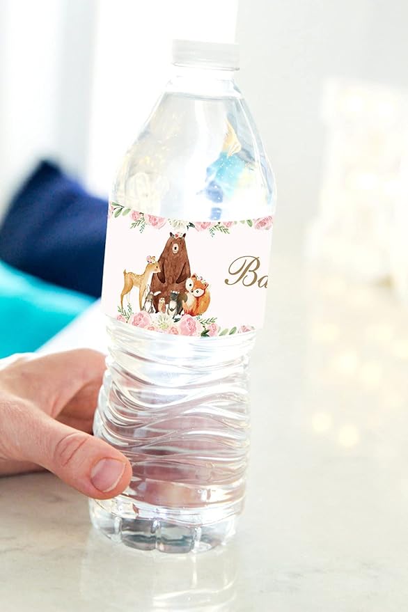 28PCS Woodland Baby Shower Water Bottle Labels Woodland Creatures Waterproof Water Bottle Wrappers for Girls
