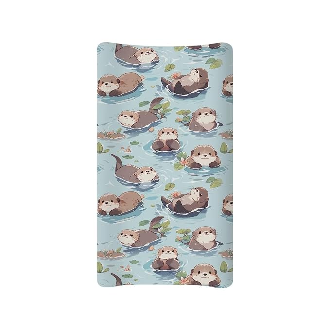 Cartoon Otters Baby Diaper Changing Table Sheets Jersey Knit Breathable Changing Table Pad Cover for Infants Toddles 16 * 32 Inches