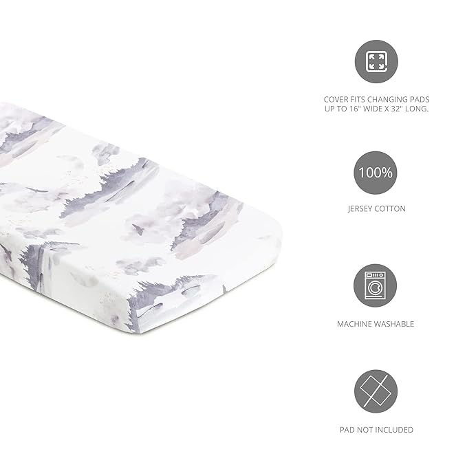 Oilo Changing Pad Cover, Breathable Organic Cotton Fitted Jersey, 300 Thread Count, Machine Washable, Fits Standard Changing Pads (32" x 16"), Girl, Boy, & Neutral Nursery Design, Misty Mountain