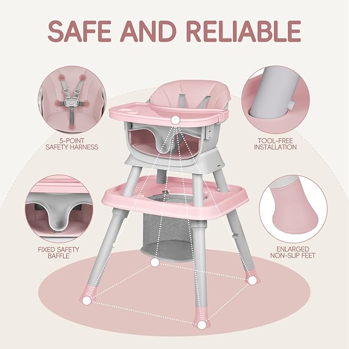 8-in-1 High Chair for Babies and Toddlers, Converts to Dining Booster Seat, Kids Table & Chair Set, Building Block Table, Kids Learning Table, Double Removable Tray, Pink