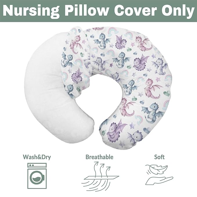 Fairytale Dragon Love Stars Baby Nursing Pillow Covers for Boy Girl Baby Dragons Purple Nursery Feeding Pillowcase for Breastfeeding Pillows Fantasy Animal Soft Stretchy Slipcover for Newborn Infant