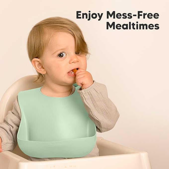 KeaBabies 2-Pack Silicone Bibs for Babies, Toddlers Girl, Boy – Sturdy Food-Grade Baby Bibs for Eating, Large Food Catcher, Clean & Put On Easily, Waterproof Toddler Feeding Essentials (Mellow)