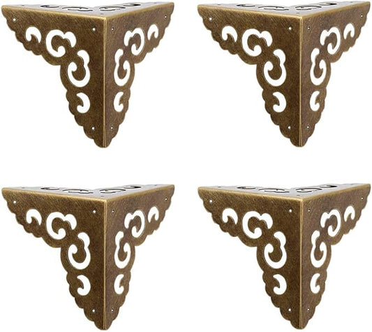 4Pcs Vintage Pure Brass Hollow Cloud Pattern Corner Protectors Antique Hardware Desk Edge Wooden Jewelry Gift Box Cabinet Three Sides Full Encase Corner Guard