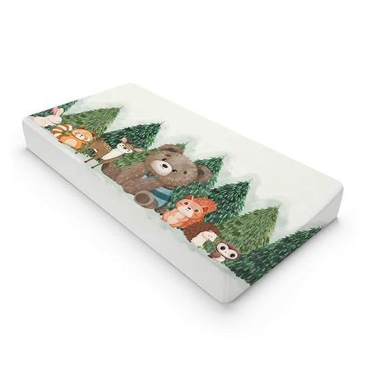 Cute Animals Green Pine Trees Baby Changing Pad Covers Bear Raccoon Squirrel Deer Rabbit Hedgehog Owl Diaper Change Table Cover Sheets for Boys Girls Soft Stretch Changing Table Mats 32''x16''
