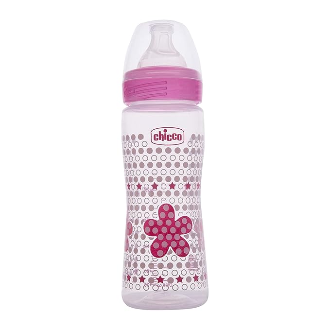 Chicco Well-Being 330 ml Feeding Plastic Bottle, Advanced Anti-Colic System, BPA Free, Hygienic Silicone Teat (Pink)