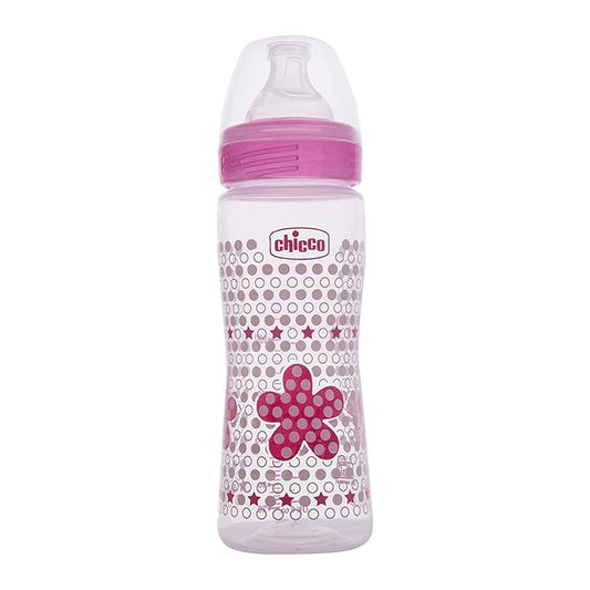 Chicco Well-Being 330 ml Feeding Plastic Bottle, Advanced Anti-Colic System, BPA Free, Hygienic Silicone Teat (Pink)