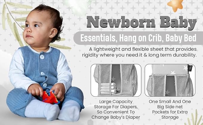 Star Pattern Diaper Caddy and Nursery Organizer for Newborn Baby Essentials, Hang on Crib, Baby Bed. Changing Table or wall. Multiple Pockets to Store Wipes, Creams, Lotions, Toys and more.