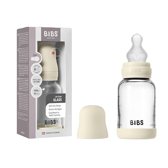BIBS Baby Glass Bottle. 4 US fl oz / 120 ml. Anti-Colic. Vented Round Silicone Nipple. Supports Natural Breastfeeding, Slow Flow, Complete Set - Ivory