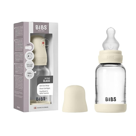 BIBS Baby Glass Bottle. 4 US fl oz / 120 ml. Anti-Colic. Vented Round Silicone Nipple. Supports Natural Breastfeeding, Slow Flow, Complete Set - Ivory