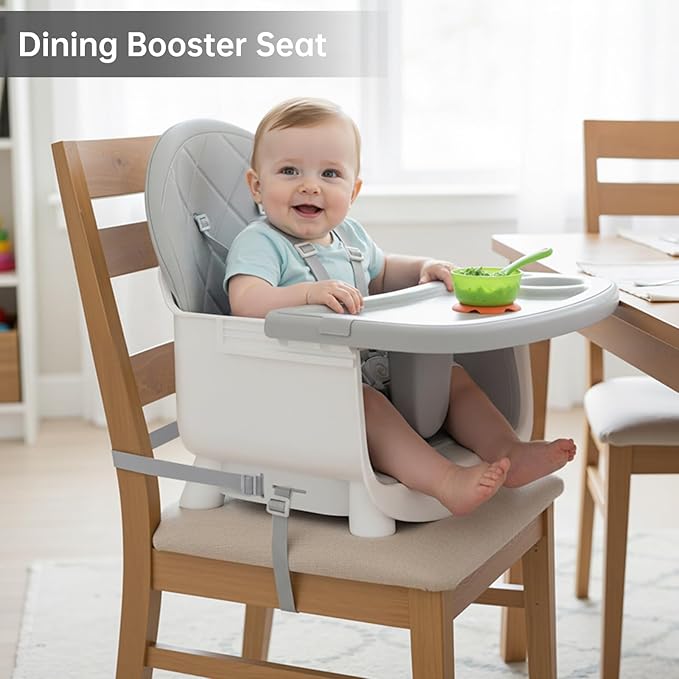 6-in-1 Convertible Baby Highchair, Booster Seat, Toddler Chair & Building Block Table, with Removable Tray, Easy Clean Cushion & 5-Point Harness (Grey)