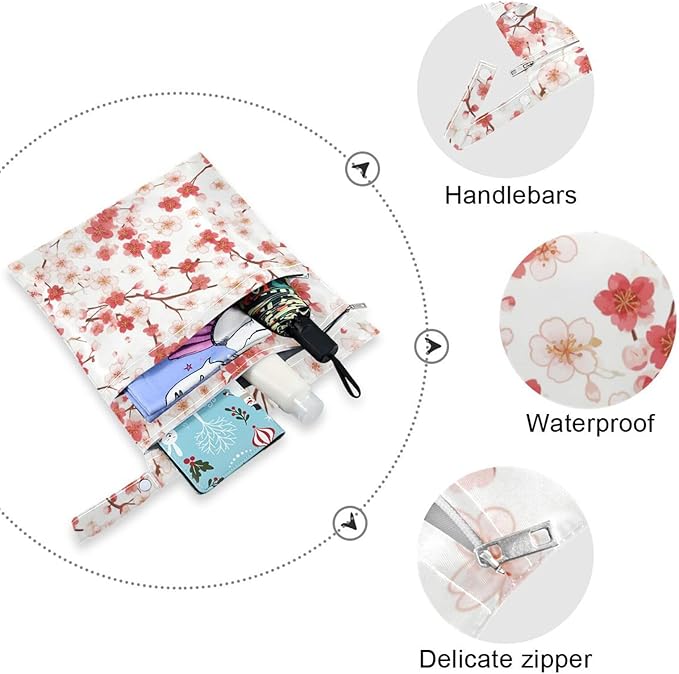 Red and FLOWER and whites waterproof bag for baby 2 Pack wet bag for swimsuit with handles for baby diapers, pool