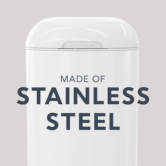 Platinum Diaper Pail Lily White, Made of Durable Stainless Steel, Convenient Easy to Use Hands-Free Operation, Odor-Locking Pail, Includes 2 Easy Roll Refill with 18 and 30 Durable Bags