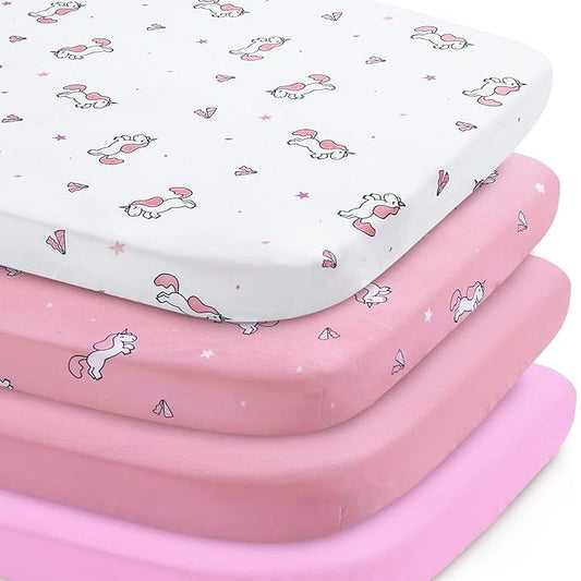Mini Crib Sheets Set for Girls, 4 Pack, Mini Portable Crib Sheets for Girs (38" X 24") | Multiuse for Pack n Play, Playard, Playpen, Mini Crib, Pink Print