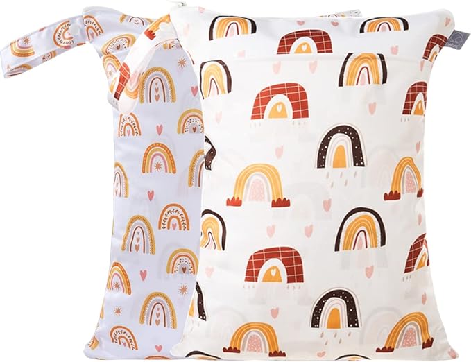 2 pcs/set Wet Dry Bags for Baby Cloth Diapers - Reusable, Washable for Stroller, Diapers, Toiletries, Travel Bags, Beach, Pool, Gym Bag with Two Zippered Pockets 11.8 * 15.7 inch (Orange Rainbow)