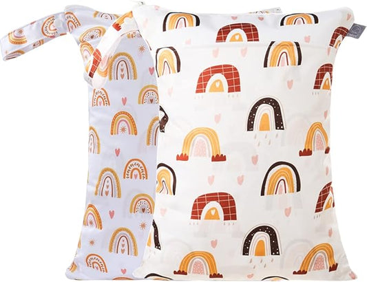 2 pcs/set Wet Dry Bags for Baby Cloth Diapers - Reusable, Washable for Stroller, Diapers, Toiletries, Travel Bags, Beach, Pool, Gym Bag with Two Zippered Pockets 11.8 * 15.7 inch (Orange Rainbow)