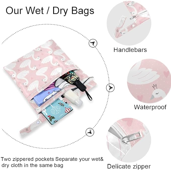 visesunny Cute Swan Heart 2Pcs Wet Bag with Zippered Pockets Washable Reusable Roomy Diaper Bag for Travel,Beach,Pool,Daycare,Stroller,Diapers,Dirty Gym Clothes, Wet Swimsuits, Toiletries