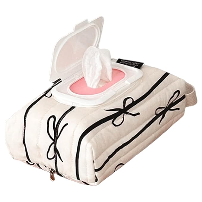 Striped Bow Cotton Wipes Dispenser Refillable Wipes Bag with Handle Portable Hanging Travel 5.1x2.4x9.5inchBaby Dispenser