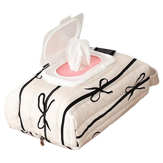 Striped Bow Cotton Wipes Dispenser Refillable Wipes Bag with Handle Portable Hanging Travel 5.1x2.4x9.5inchBaby Dispenser